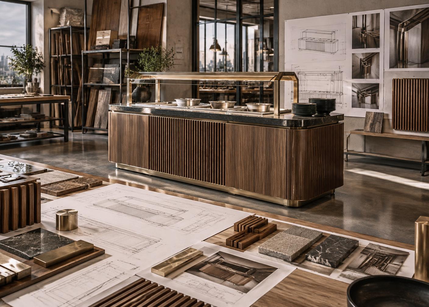 Custom hospitality buffet station prototype surrounded by technical drawings and material samples.