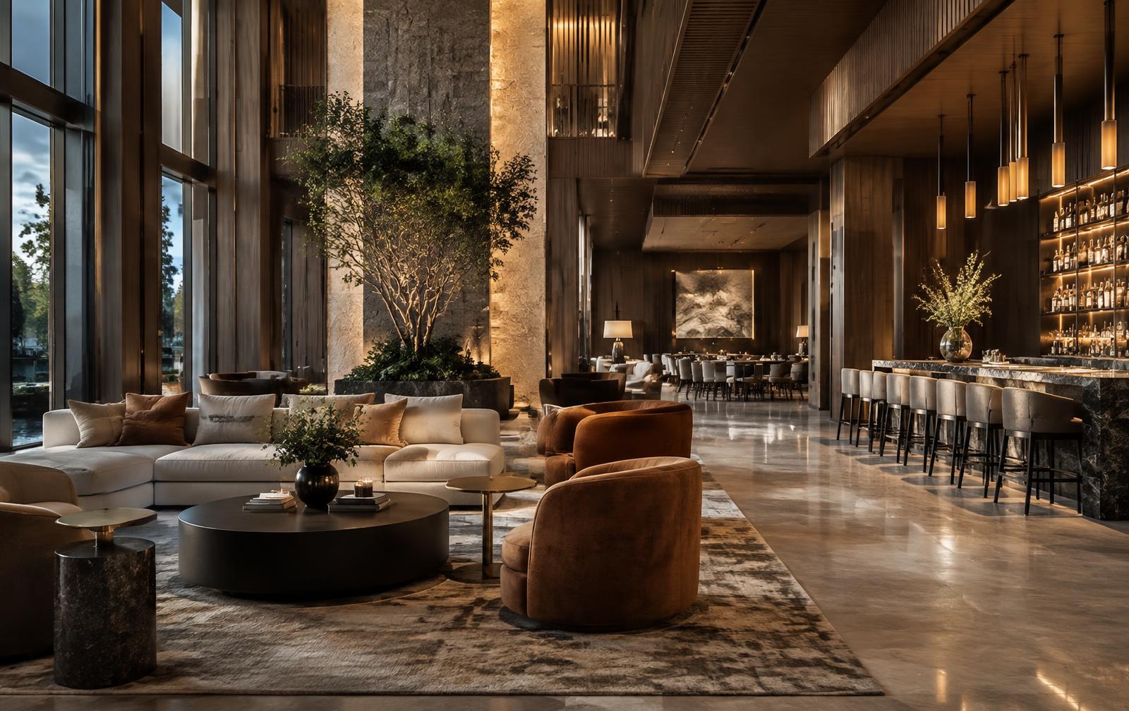 Luxury commercial hospitality lobby with custom furniture, textiles, lighting and bar seating.