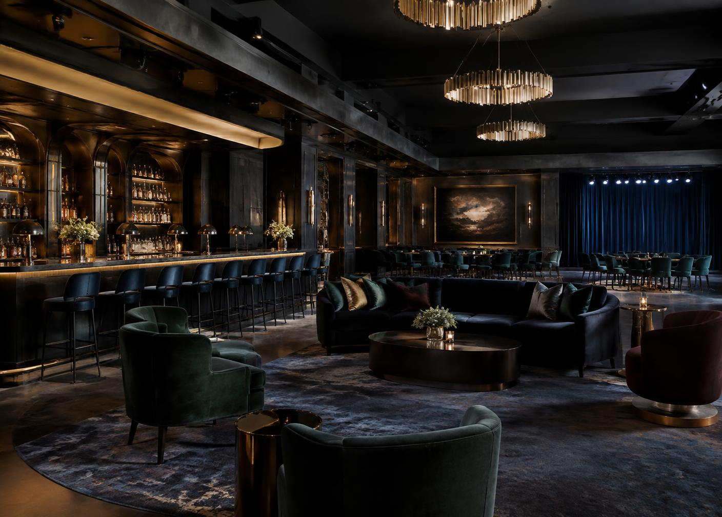Upscale private club lounge with bar seating, event furnishings and dramatic lighting.