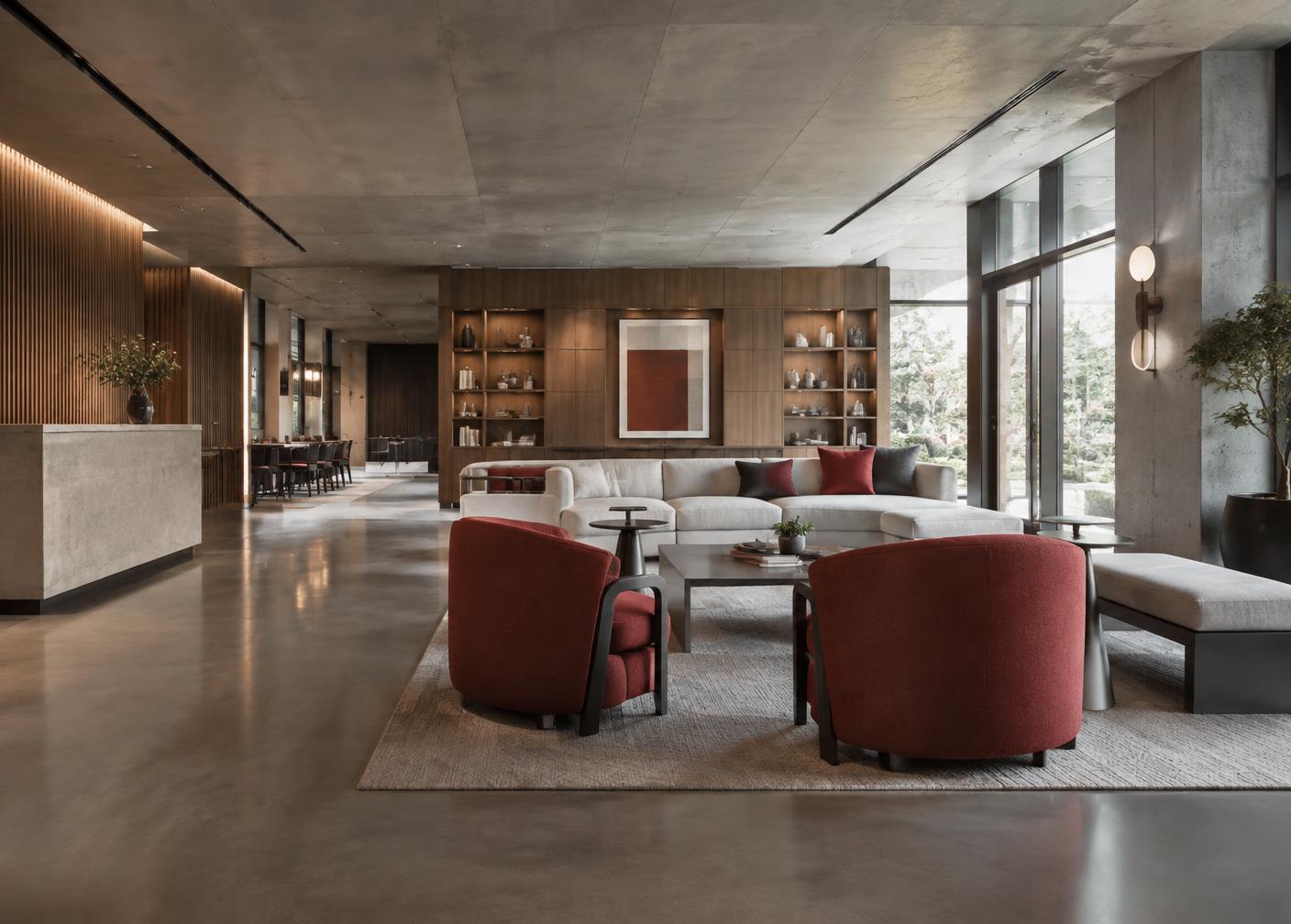 Polished multi-unit commercial lobby with modular furniture and durable finishes.