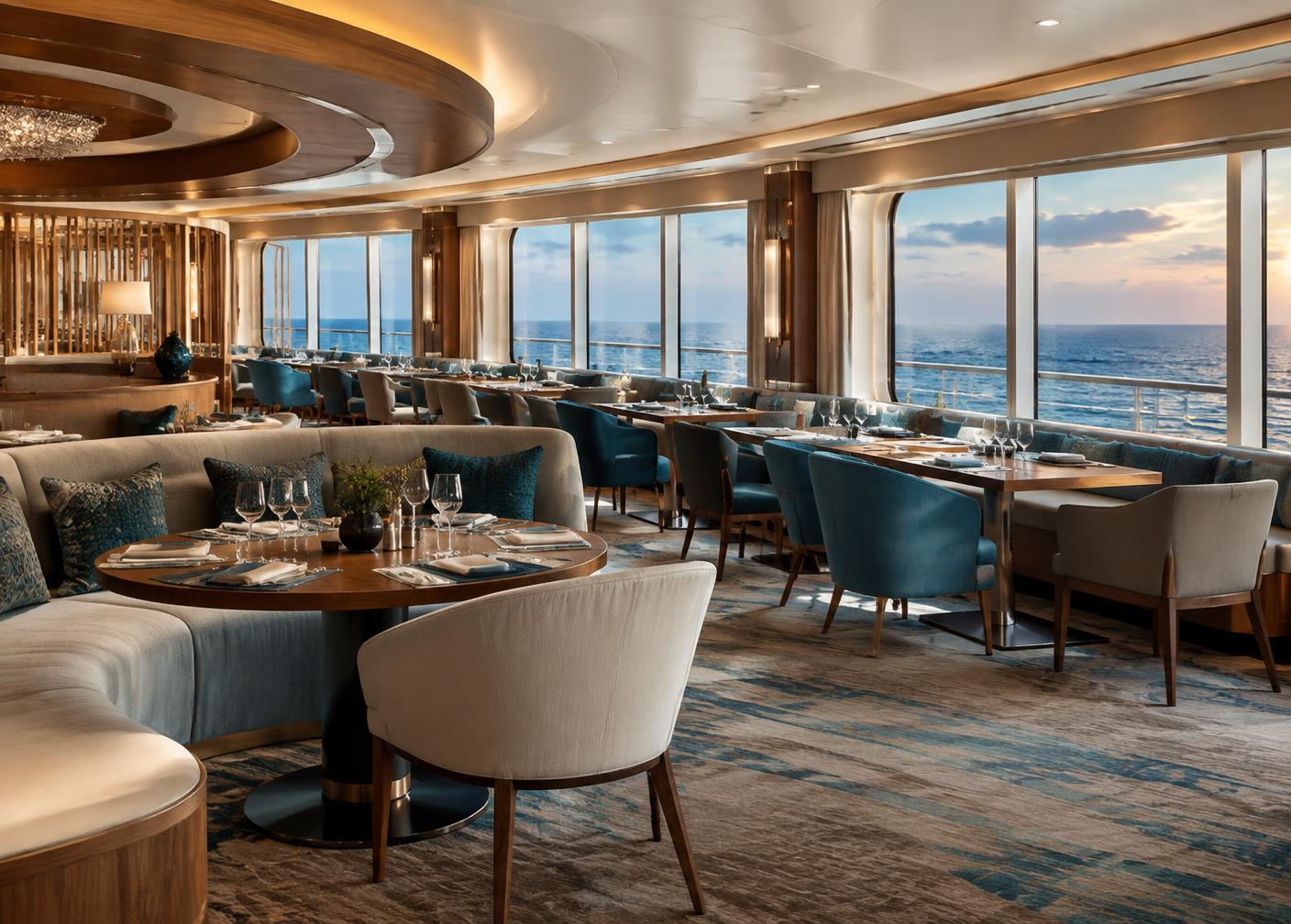 Premium cruise ship dining lounge with commercial seating and panoramic ocean views.