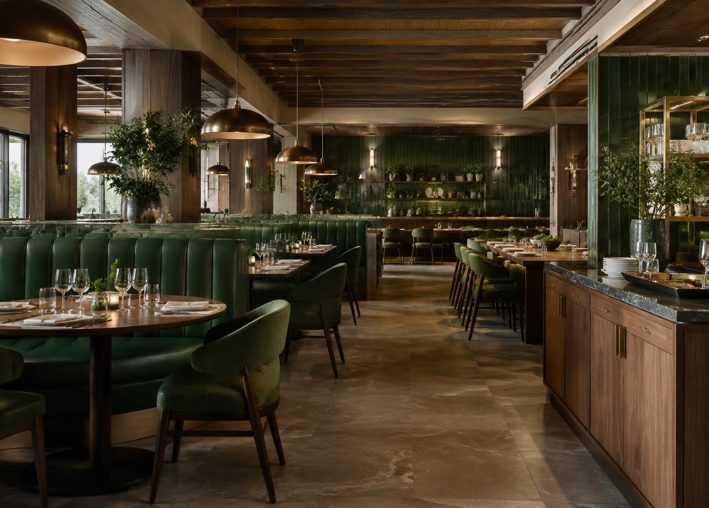 Sophisticated commercial restaurant with banquettes, tabletop settings and service stations.