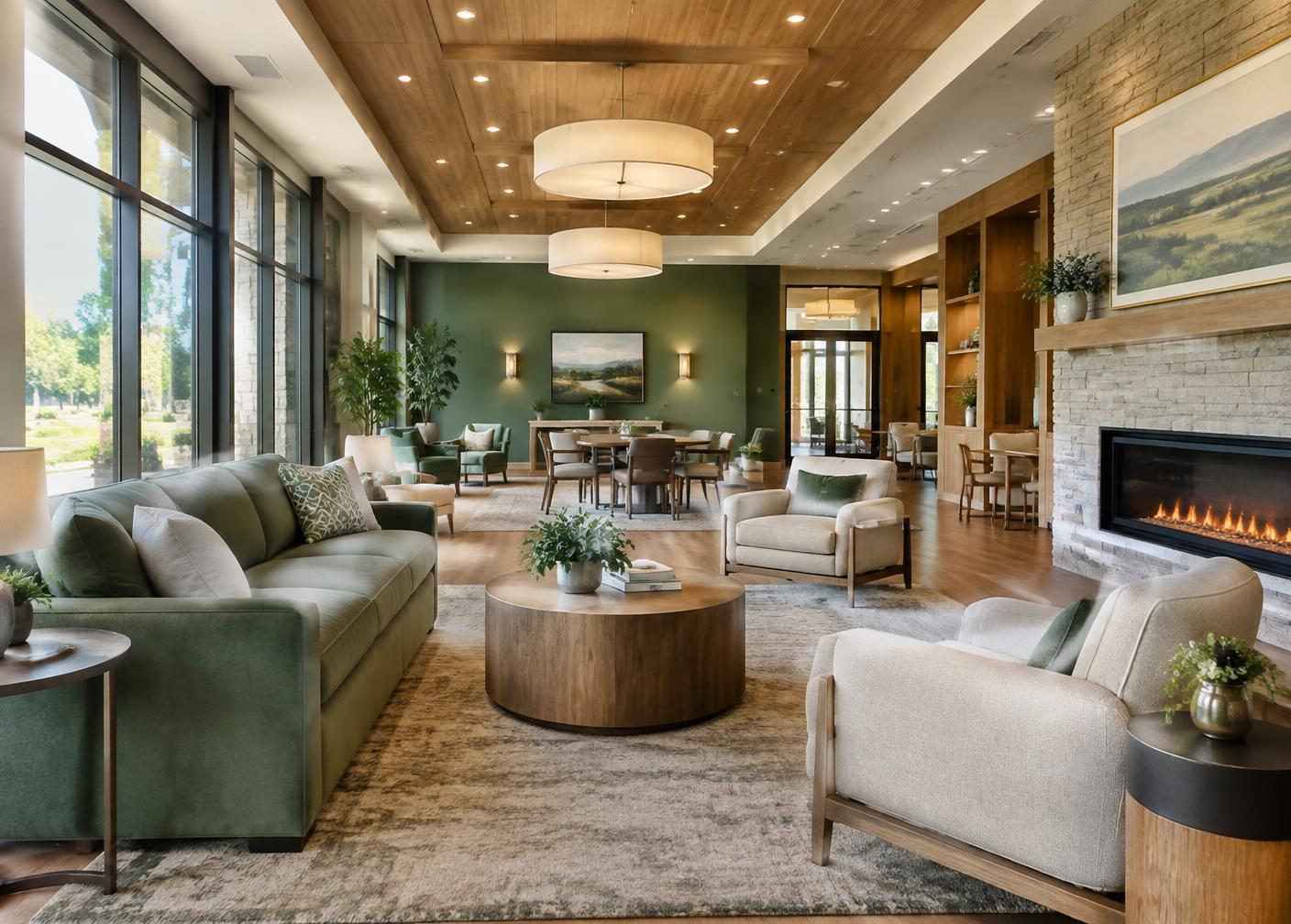 Hospitality-inspired senior living community lounge with accessible commercial furniture.